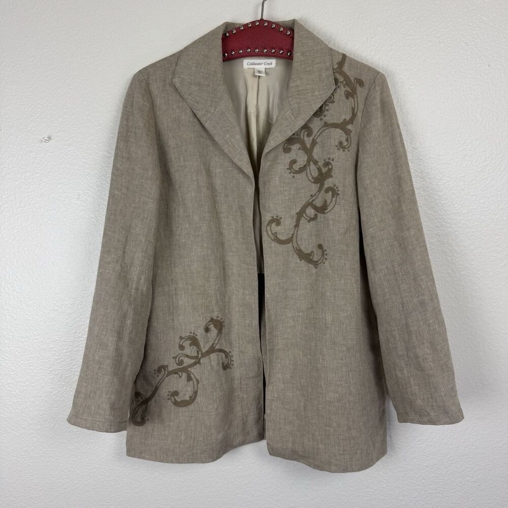 Coldwater Creek Embroidered Linen Casual Blazer Jacket Lightweight Tan Petite 8